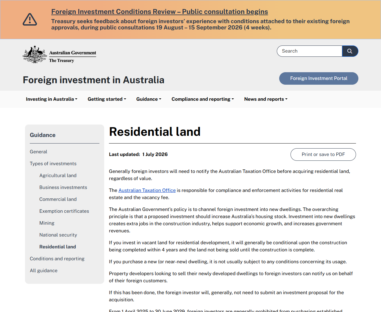 オーストラリア政府(The Treasury)の外国投資に関するResidential landのページ画面