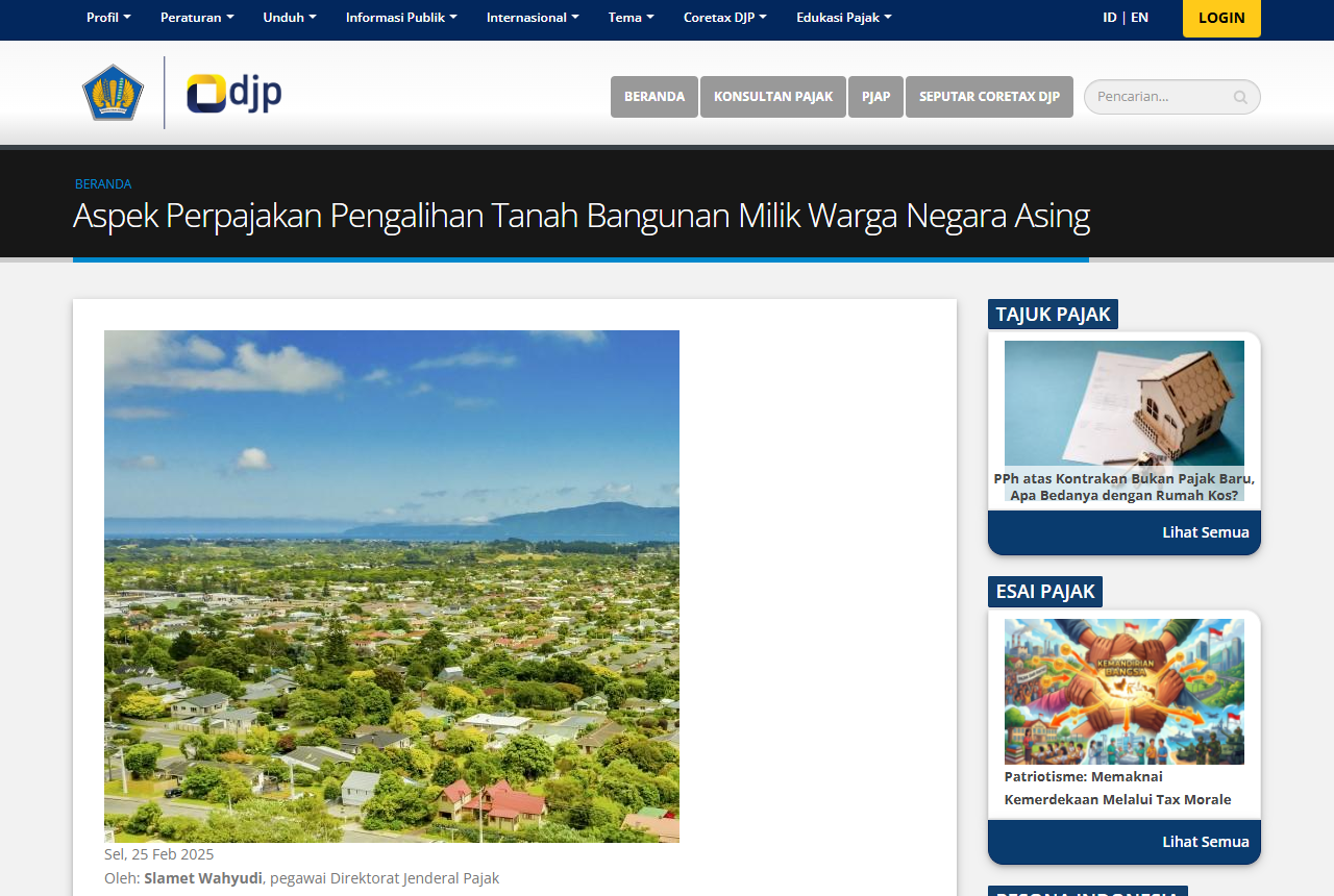 インドネシア税務総局DJPの公式サイトに掲載された解説記事「Aspek Perpajakan Pengalihan Tanah Bangunan Milik Warga Negara Asing」のページ