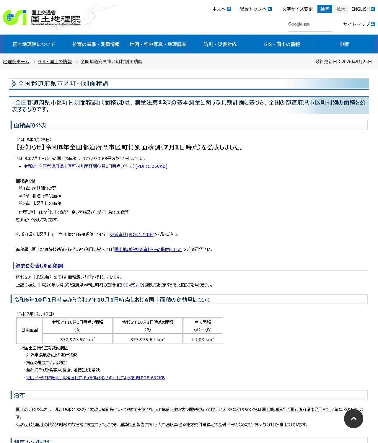 国土地理院の全国都道府県市区町村別面積調のページの画面キャプチャ。令和8年9月25日のお知らせとして、令和8年7月1日時点の国土の面積は377,973.68平方キロメートルでしたと書かれ、令和7年10月1日時点と令和6年10月1日時点の面積を比較した表が表示されている
