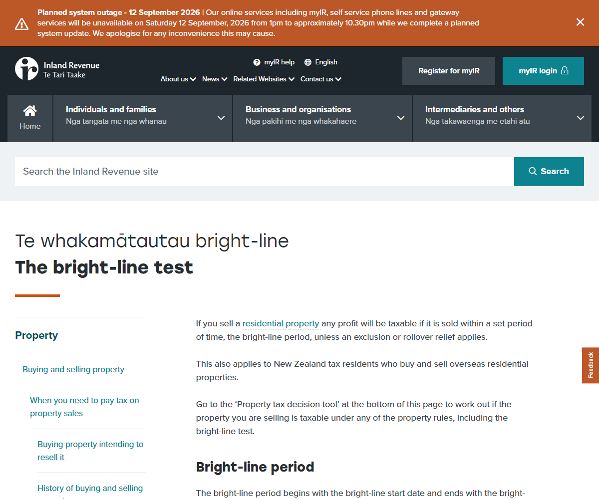 ニュージーランド歳入庁Inland Revenueの公式サイト「The bright-line test」の画面。bright-line periodの説明が表示されている
