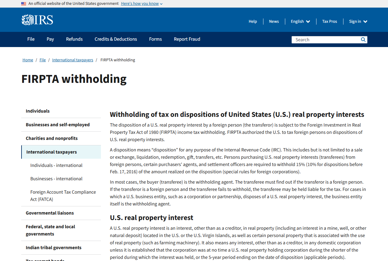 米国内国歳入庁IRSのFIRPTA withholdingページ。米国不動産権益の処分に対する源泉徴収を15%(2016年2月17日より前の処分は10%)と記載している