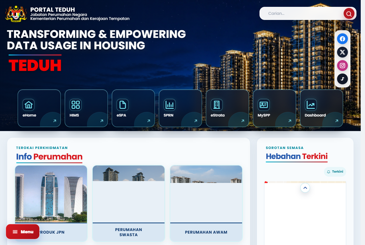 マレーシア住宅地方自治省(KPKT)の住宅情報ポータルTEDUHのトップページ。eHome、HIMS、eSPA、SPRN、eStrataなどの照会サービスが並んでいる