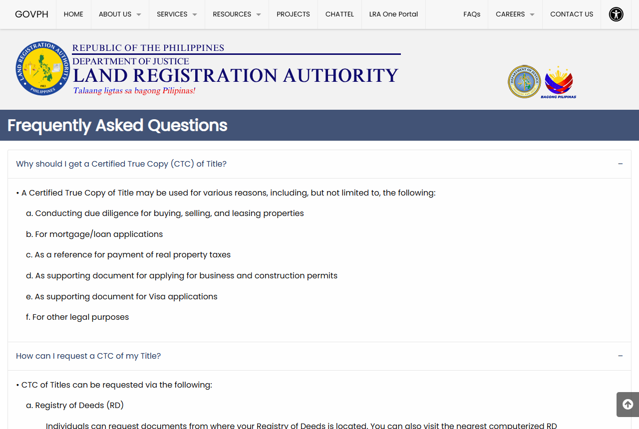 フィリピン土地登記庁LRAのよくある質問ページ。権利証のCertified True Copyを取得する理由として、売買・賃貸のデューデリジェンスが挙げられている