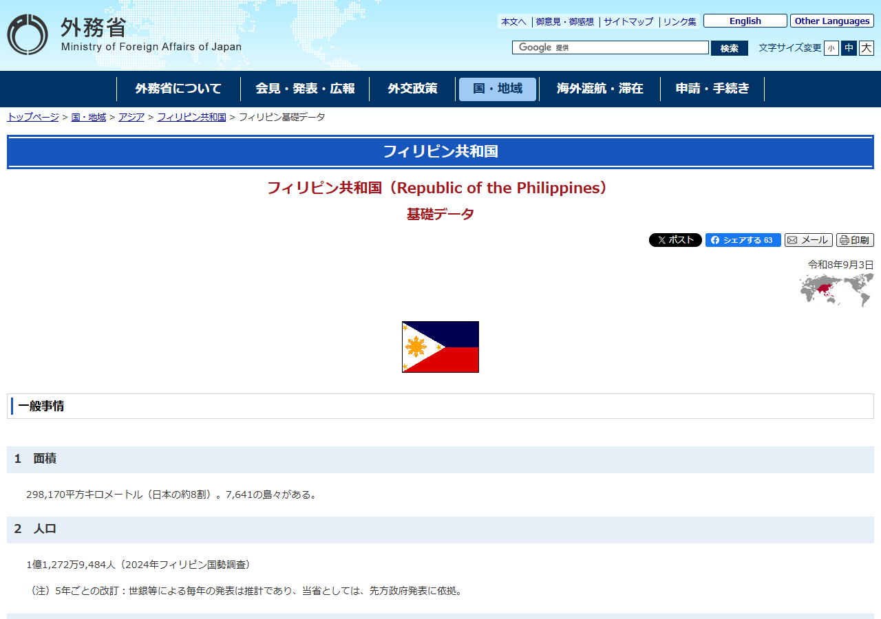 外務省のフィリピン基礎データのページの画面キャプチャ。面積298,170平方キロメートル、人口1億1,272万9,484人、首都マニラと表示されている