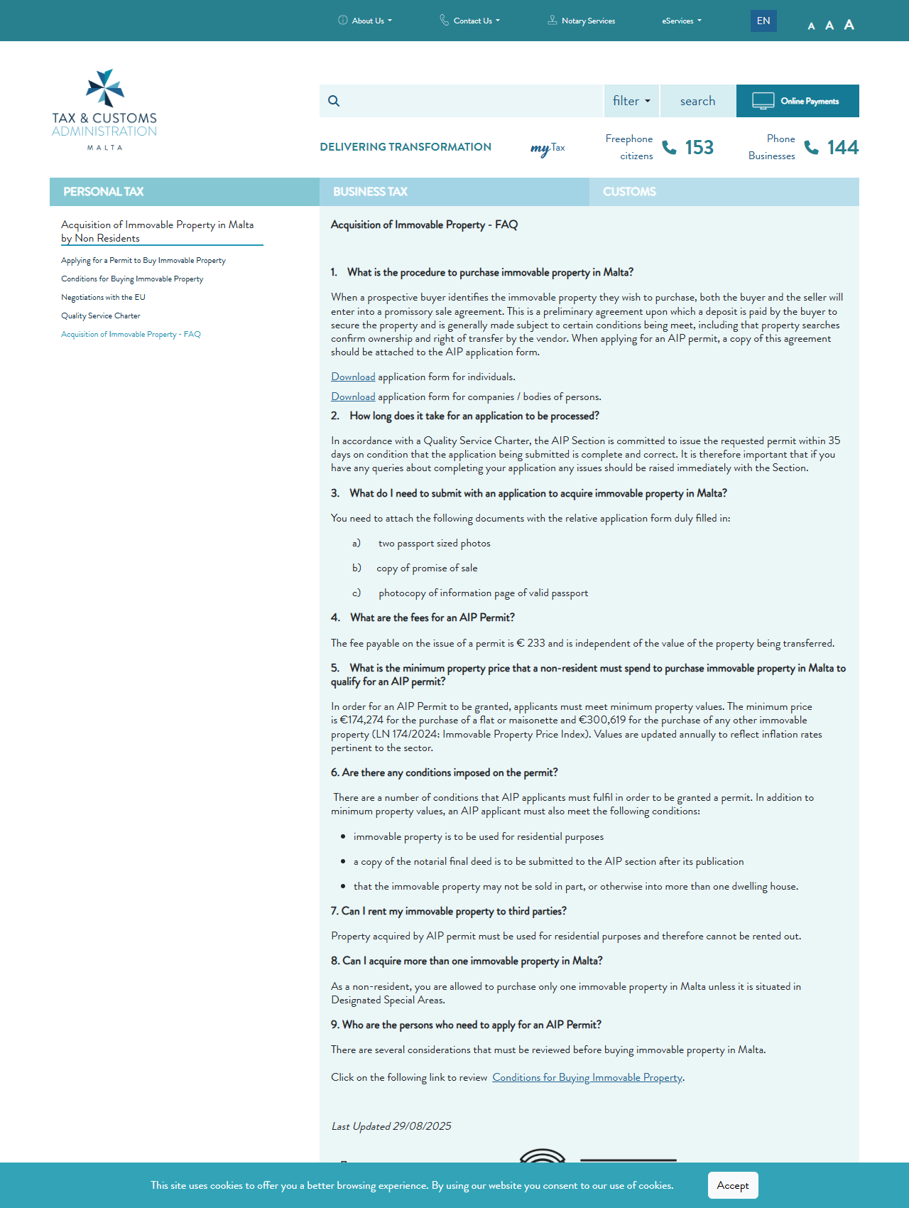 マルタ税関・税務庁の公式ページの画面。Acquisition of Immovable Property - FAQ の問5に最低価格174,274ユーロと300,619ユーロ、問4に手数料233ユーロ、問7に賃貸不可と書かれている