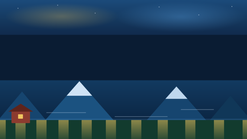 夜のフィヨルドを描いた文字のないイラスト。上部は紺色の空に淡い金と青のオーロラ状の光と小さな星、中央は無地の濃紺の帯、下部は雪をかぶった青い山並みと水面の反射、手前に濃緑と金色の畝が並ぶ畑と、赤い壁に黄色い窓の小屋が描かれている