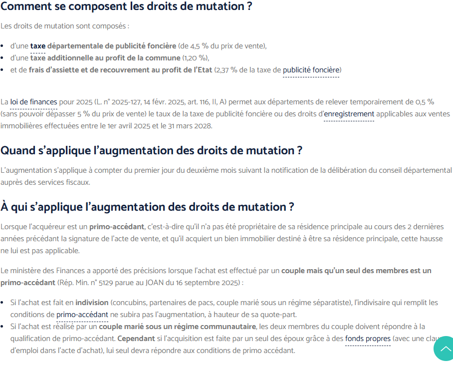 Notaires de Franceの登録税に関する解説ページ。droits de mutationが県の taxe de publicité foncière 4.5%、市町村への追加税1.20%、国への徴収経費(taxe de publicité foncièreの2.37%)で構成されること、2025年財政法により県が0.5%の引き上げをできることなどが書かれている画面