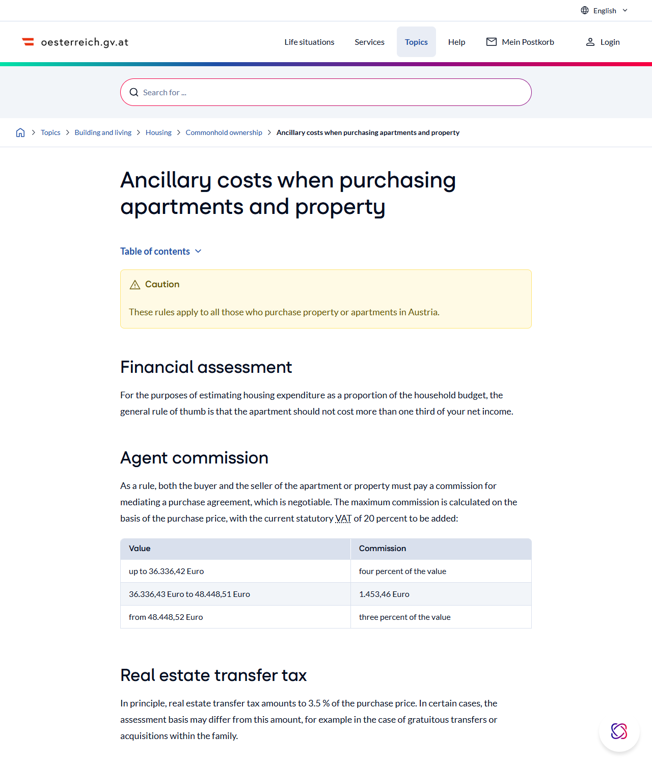 oesterreich.gv.atの英語版ページ。Ancillary costs when purchasing apartments and property という見出しの下に、仲介手数料の上限表、不動産取得税3.5パーセント、登記料1.1パーセント、弁護士・公証人報酬1から3パーセントという説明が並んでいる