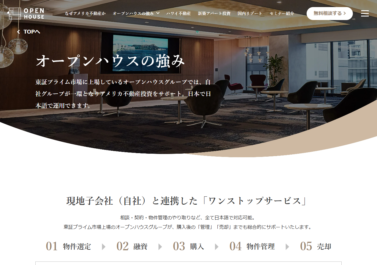 オープンハウスのアメリカ不動産サイト「オープンハウスの強み」ページ。東証プライム市場に上場しているオープンハウスグループが自社グループでアメリカ不動産投資をサポートすることと、01物件選定から05売却までのワンストップサービスが表示されている