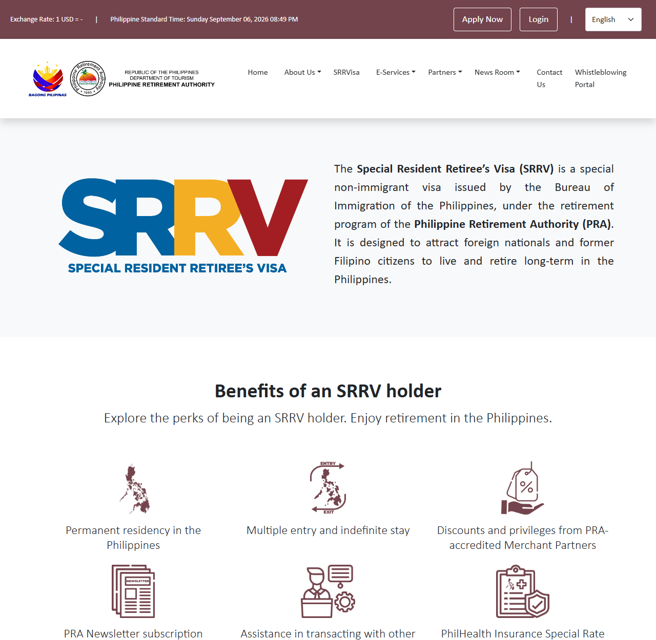 フィリピン退職庁の公式サイトのSRRVisaページ画面。SRRVの説明と保有者の特典が一覧で表示されている