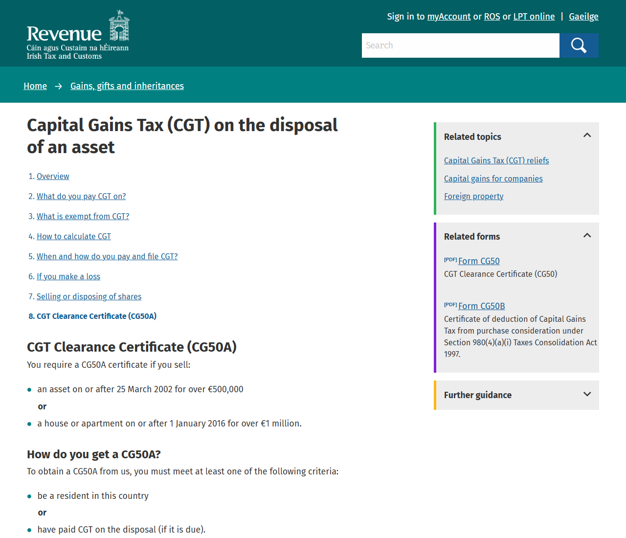 アイルランド歳入庁のCGTクリアランス証明書CG50Aのページ。証明書が必要になる金額の条件と、取得するための2つの要件が箇条書きで示されている