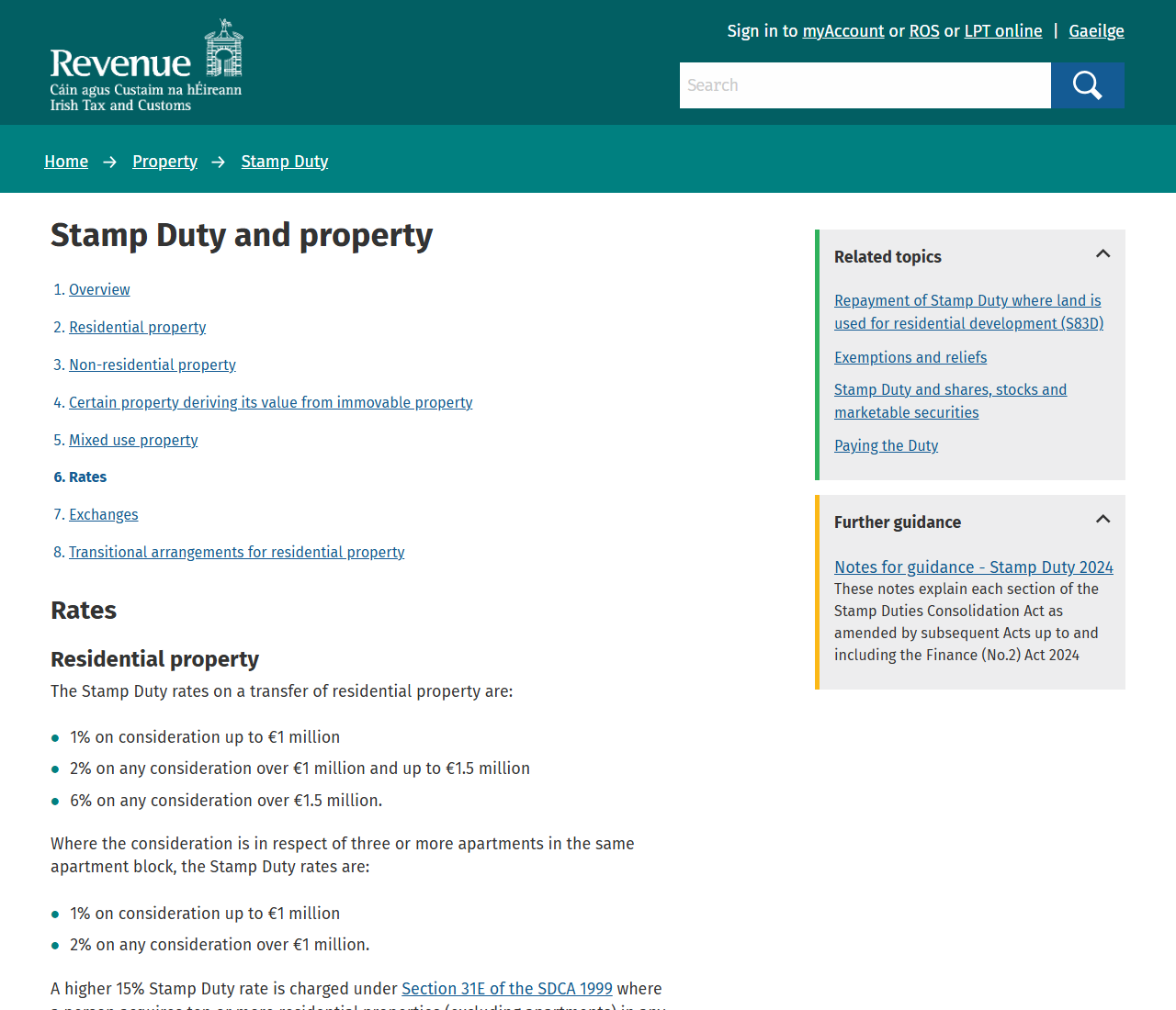 アイルランド歳入庁の印紙税の税率ページ。住宅用不動産について100万ユーロまで1%、100万ユーロ超150万ユーロまで2%、150万ユーロ超6%と箇条書きで示されている