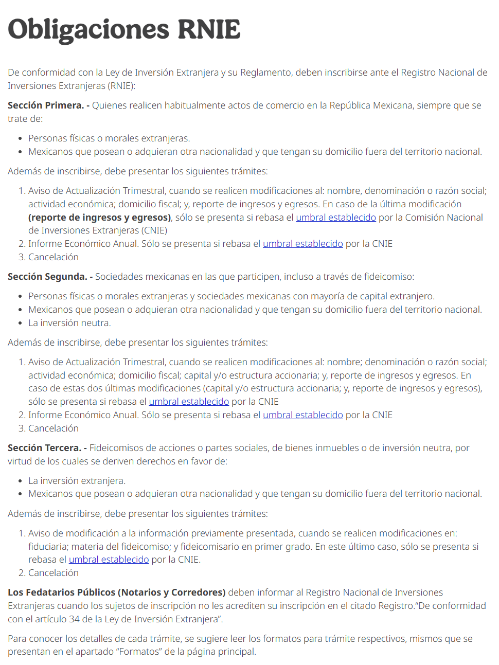 メキシコ経済省の外国投資登録(RNIE)の義務を示す公式ページ。第3区分として、外国投資のために権利が生じる株式・不動産・中立投資の信託が登録対象と書かれている