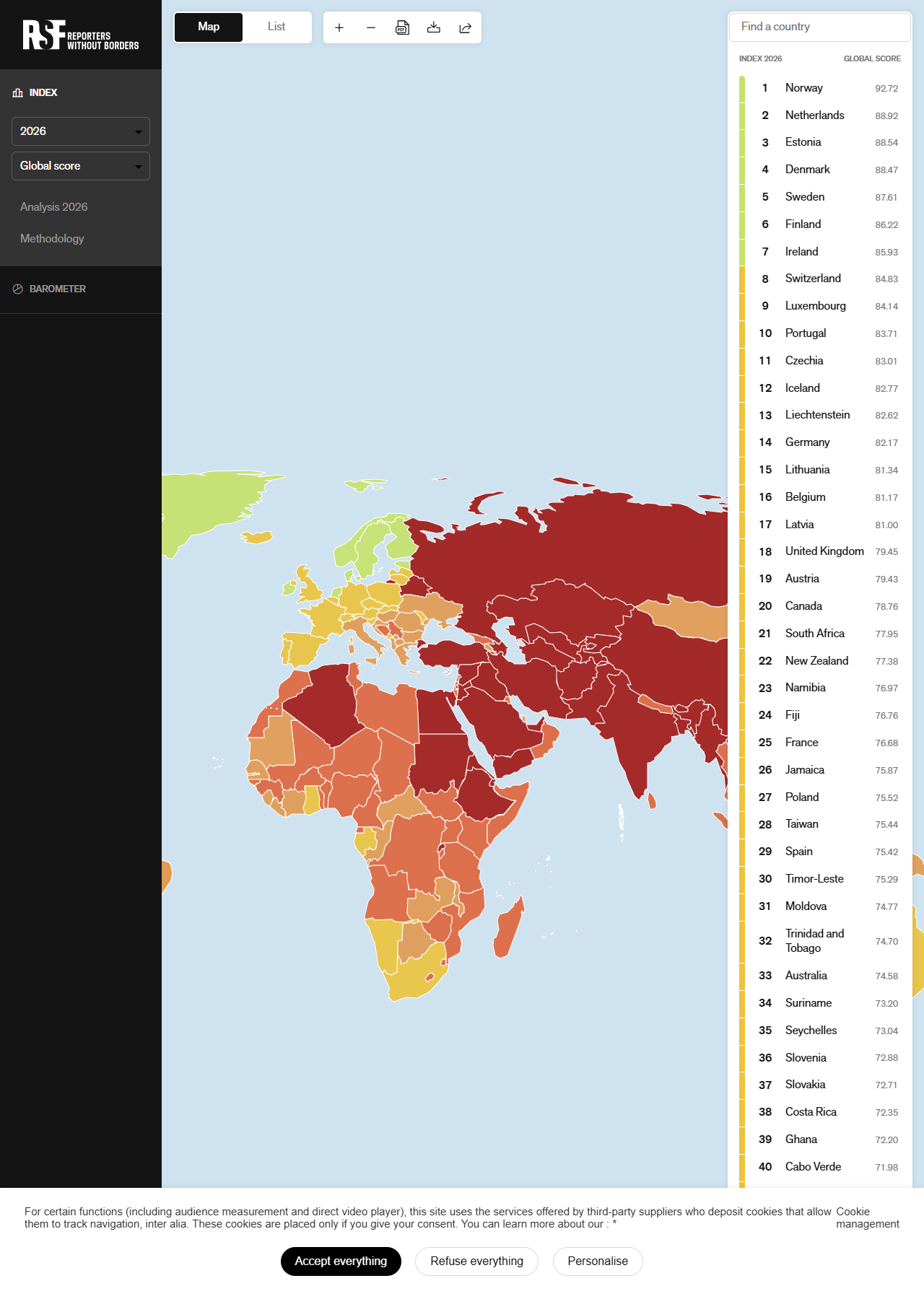 国境なき記者団の2026年版の世界地図。国ごとに点数で色分けされ、右側に上位40か国の順位と点数が並んでいる