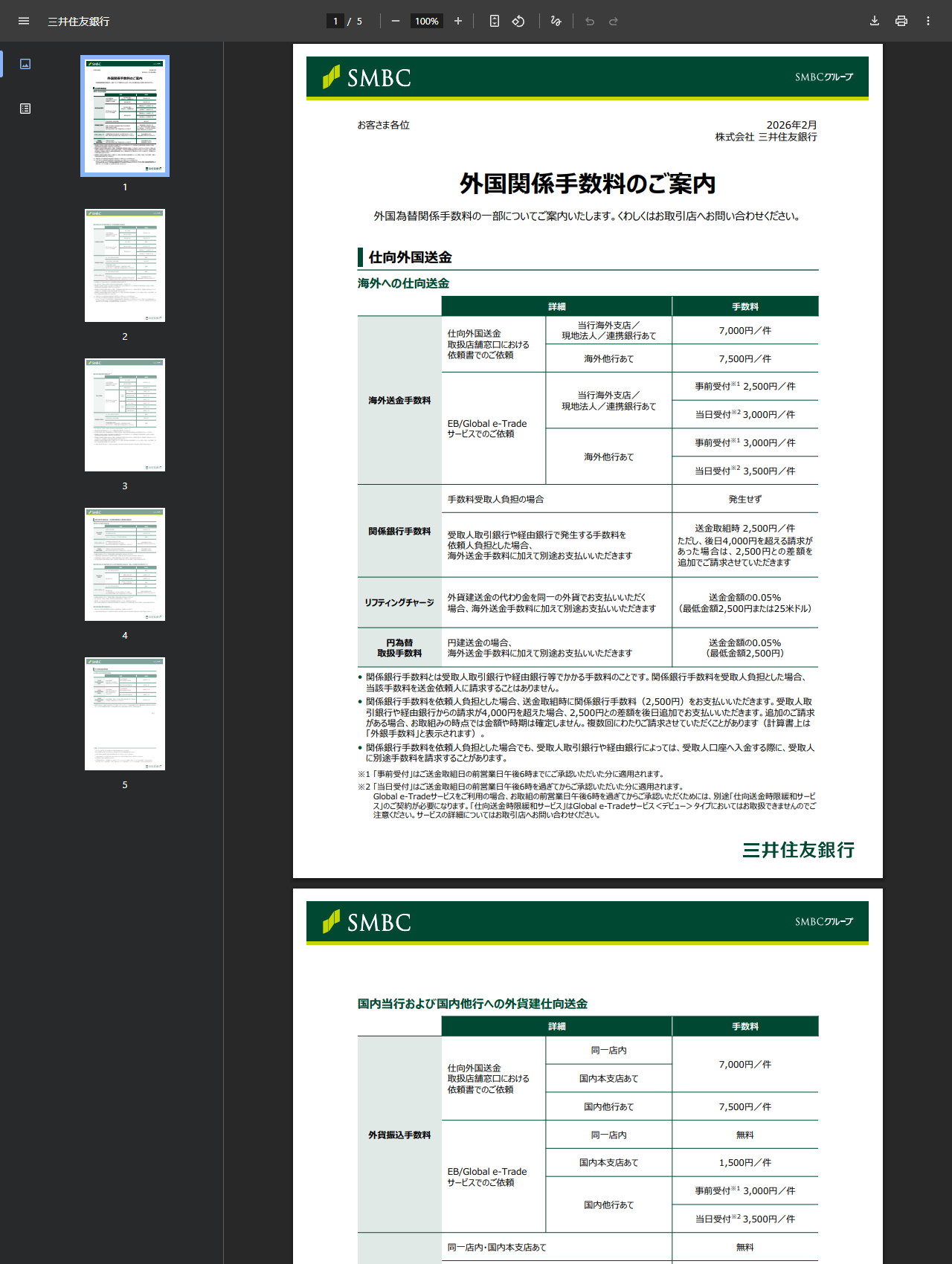 三井住友銀行の外国関係手数料のご案内のPDFの1ページ目。仕向外国送金の手数料表が載っている
