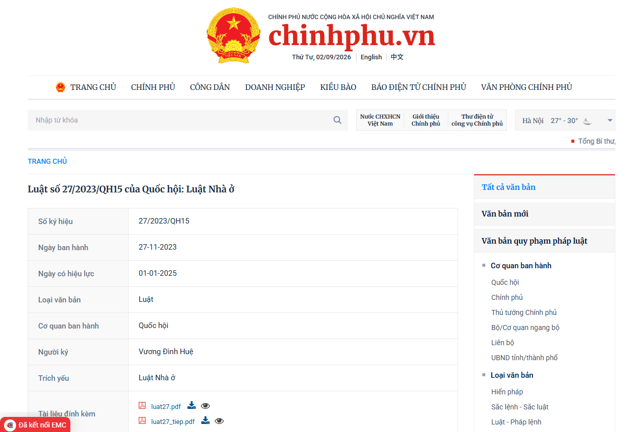 ベトナム政府の法令データベースchinhphu.vnに掲載された住宅法27/2023/QH15のページ。公布日2023年11月27日、施行日2025年1月1日と原文PDFが示されている