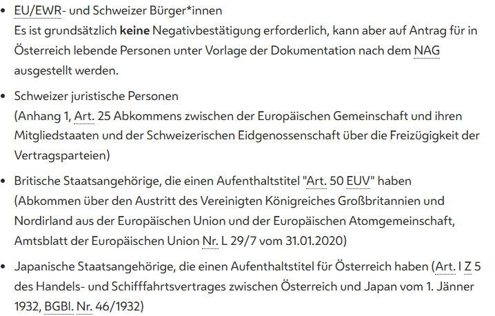 ウィーン市の公式ページの箇条書き。EU・EEA市民とスイス市民、スイスの法人、Art. 50 EUVの滞在資格を持つ英国籍者に続いて、オーストリアの滞在許可を持つ日本国籍者が、1932年1月1日の日墺通商航海条約第I条第5項を根拠として挙げられている