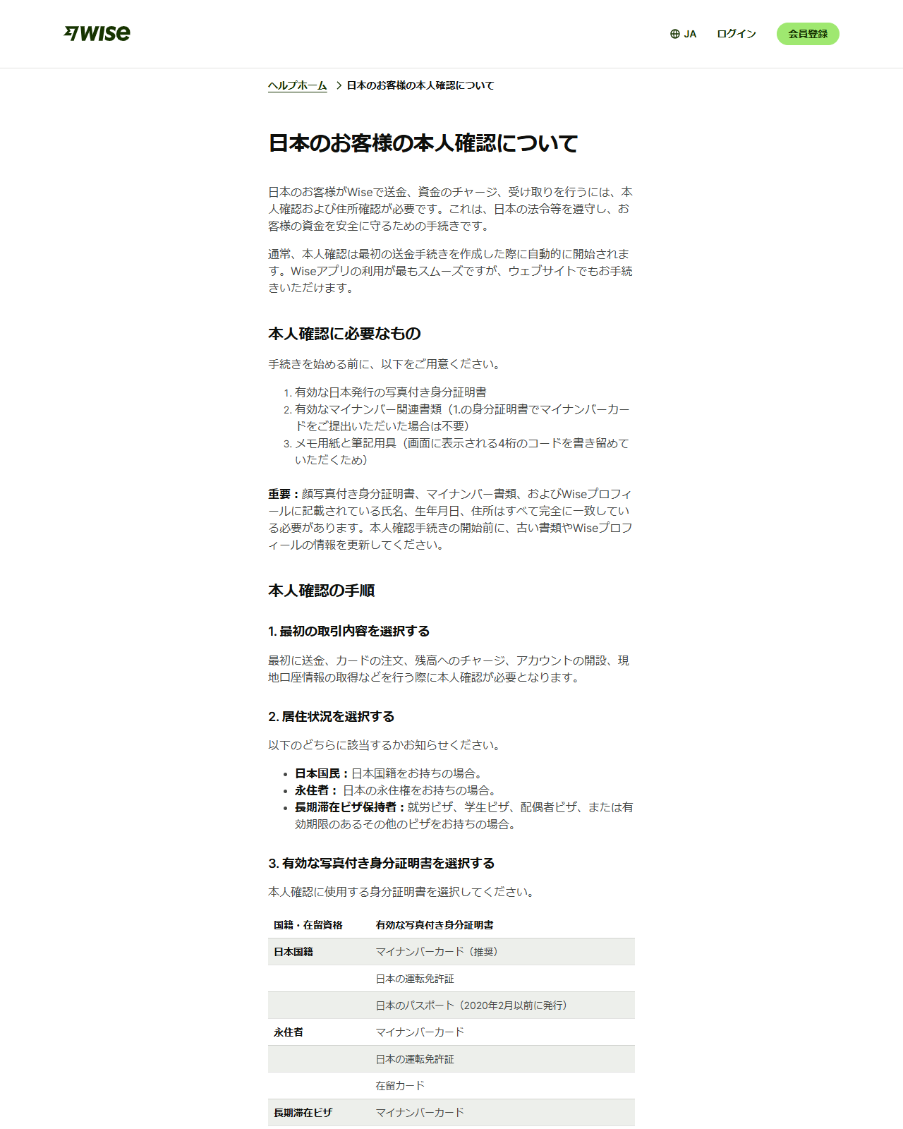 Wiseのヘルプページ「日本のお客様の本人確認について」。本人確認に必要なもの3点と、本人確認の手順、国籍・在留資格別の有効な写真付き身分証明書の表が並んでいる